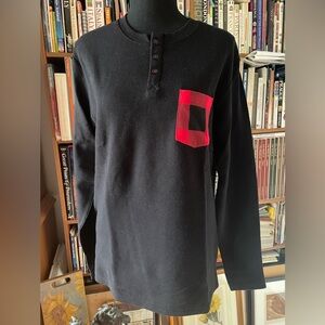 Hatley Black Long Sleeve Thermal Shirt with Red Plaid Breast Pocket - Unisex